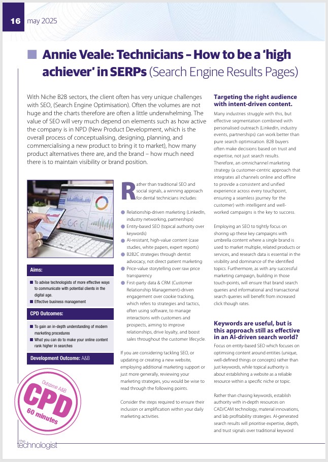 Screengrab of content published titled - Technicians - how to be a 'high achiever' in SERPs